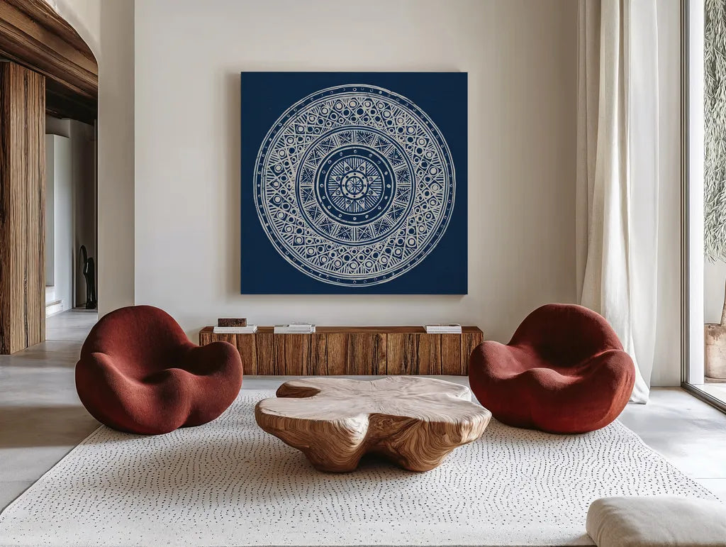Seville IV Dark Blue FB by Kathrine Lovell. Shown as extra-large giant wall art in a modern living room. Available as an archival giclee rolled canvas, fine art paper, or poster print. SKU 31913a.
