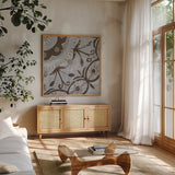 Silver Lakai Circle I Square III by Kathrine Lovell. Shown in a natural wood frame in a cozy modern living room. Available as an archival giclee rolled canvas, fine art paper, or poster print. SKU 28021a.
