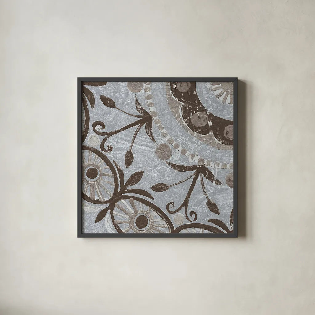 Silver Lakai Circle I Square IV by Kathrine Lovell. Shown in a sleek black glass frame for a contemporary gallery look. Available as an archival giclee rolled canvas, fine art paper, or poster print. SKU 28022a.