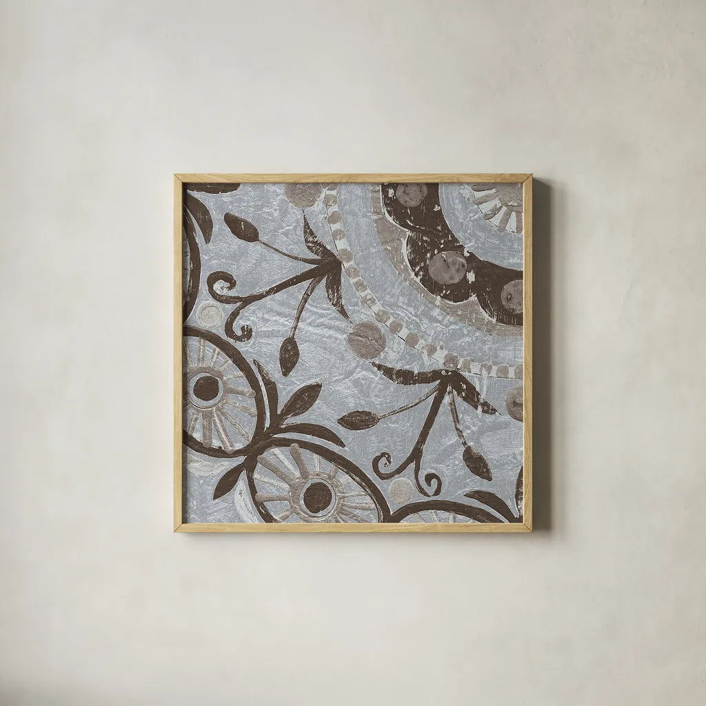 Silver Lakai Circle I Square IV by Kathrine Lovell. Shown in a natural wood glass frame for a timeless modern aesthetic. Available as an archival giclee rolled canvas, fine art paper, or poster print. SKU 28022a.