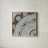 Silver Lakai Circle II Square I by Kathrine Lovell. Shown in a natural wood glass frame for a timeless modern aesthetic. Available as an archival giclee rolled canvas, fine art paper, or poster print. SKU 28011a.