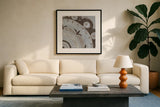Silver Lakai Circle II Square II by Kathrine Lovell. Displayed in a glass frame with matte in a clean modern living room. Available as an archival giclee rolled canvas, fine art paper, or poster print. SKU 28012a.