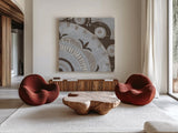 Silver Lakai Circle II Square II by Kathrine Lovell. Shown as extra-large giant wall art in a modern living room. Available as an archival giclee rolled canvas, fine art paper, or poster print. SKU 28012a.