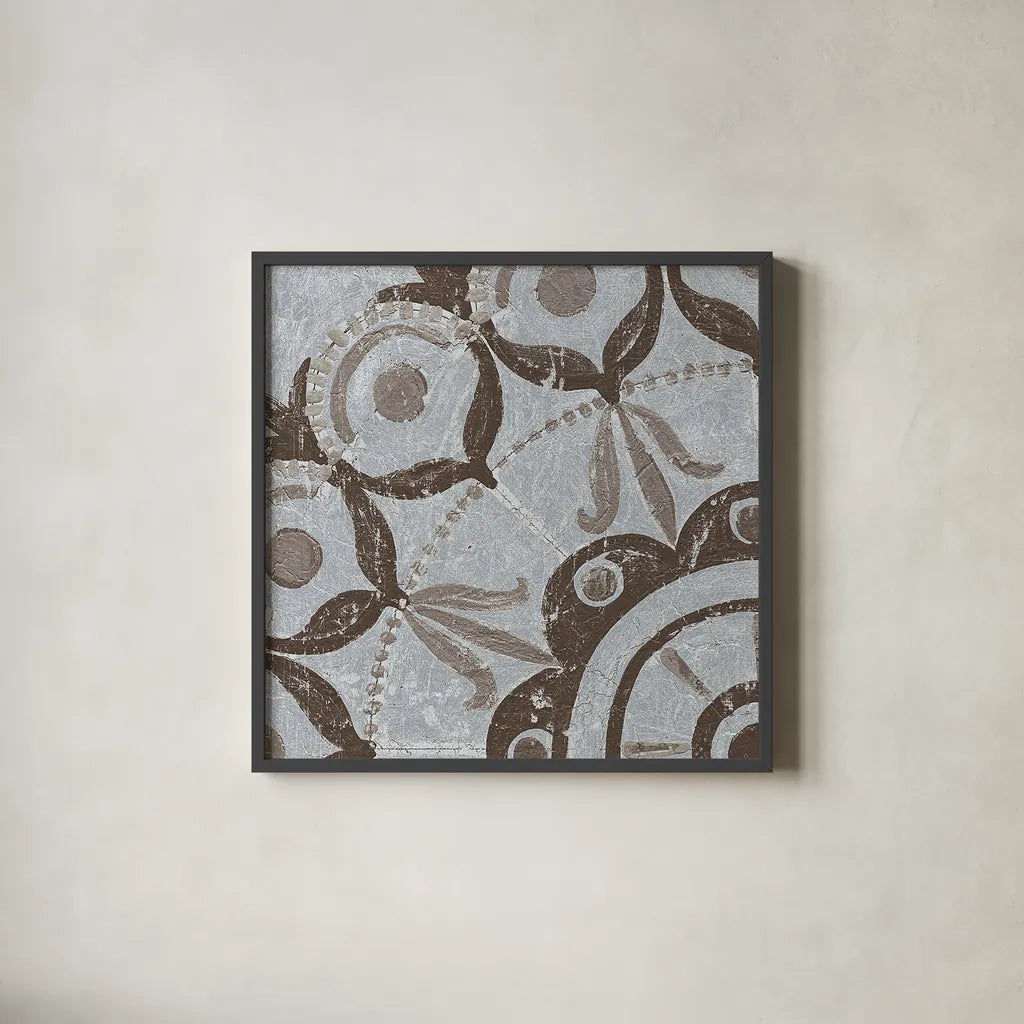 Silver Lakai Circle V Square I by Kathrine Lovell. Shown in a sleek black glass frame for a contemporary gallery look. Available as an archival giclee rolled canvas, fine art paper, or poster print. SKU 28015a.