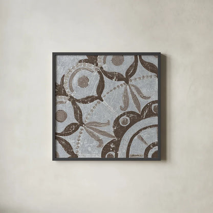 Silver Lakai Circle V Square I by Kathrine Lovell. Shown in a sleek black glass frame for a contemporary gallery look. Available as an archival giclee rolled canvas, fine art paper, or poster print. SKU 28015a.