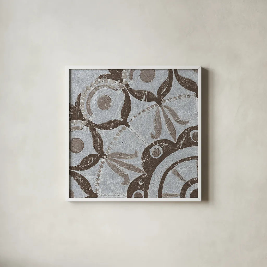 Silver Lakai Circle V Square I by Kathrine Lovell. Shown in a crisp white glass frame for a clean and minimalist style. Available as an archival giclee rolled canvas, fine art paper, or poster print. SKU 28015a.