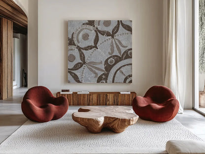 Silver Lakai Circle V Square I by Kathrine Lovell. Shown as extra-large giant wall art in a modern living room. Available as an archival giclee rolled canvas, fine art paper, or poster print. SKU 28015a.