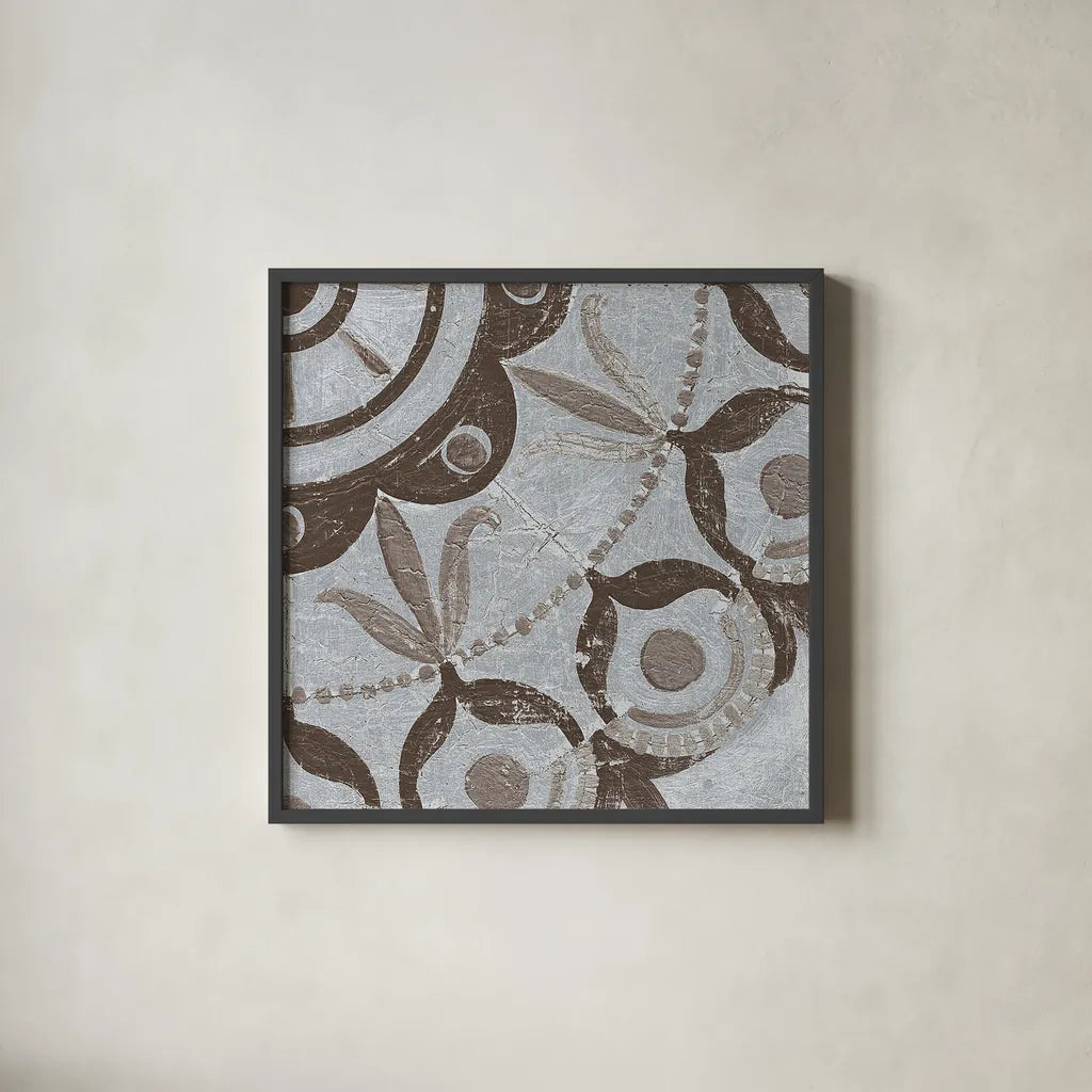 Silver Lakai Circle V Square III by Kathrine Lovell. Shown in a sleek black glass frame for a contemporary gallery look. Available as an archival giclee rolled canvas, fine art paper, or poster print. SKU 28017a.