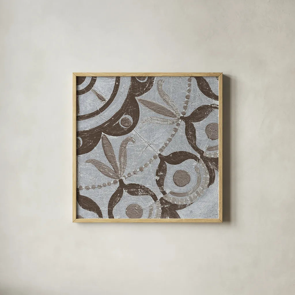 Silver Lakai Circle V Square III by Kathrine Lovell. Shown in a natural wood glass frame for a timeless modern aesthetic. Available as an archival giclee rolled canvas, fine art paper, or poster print. SKU 28017a.