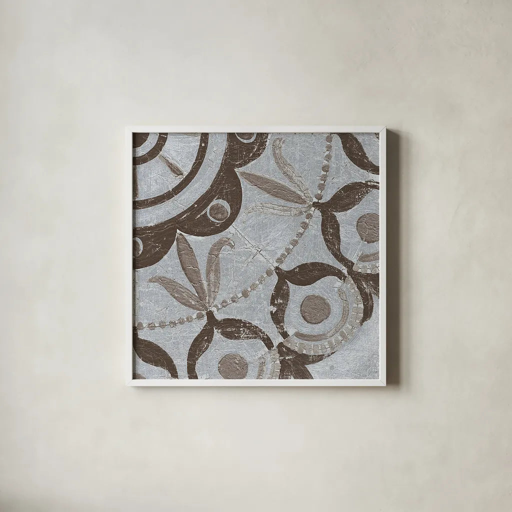 Silver Lakai Circle V Square III by Kathrine Lovell. Shown in a crisp white glass frame for a clean and minimalist style. Available as an archival giclee rolled canvas, fine art paper, or poster print. SKU 28017a.