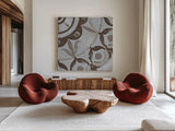 Silver Lakai Circle V Square III by Kathrine Lovell. Shown as extra-large giant wall art in a modern living room. Available as an archival giclee rolled canvas, fine art paper, or poster print. SKU 28017a.
