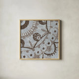 Silver Lakai Circle VI Square III by Kathrine Lovell. Shown in a natural wood glass frame for a timeless modern aesthetic. Available as an archival giclee rolled canvas, fine art paper, or poster print. SKU 28009a.