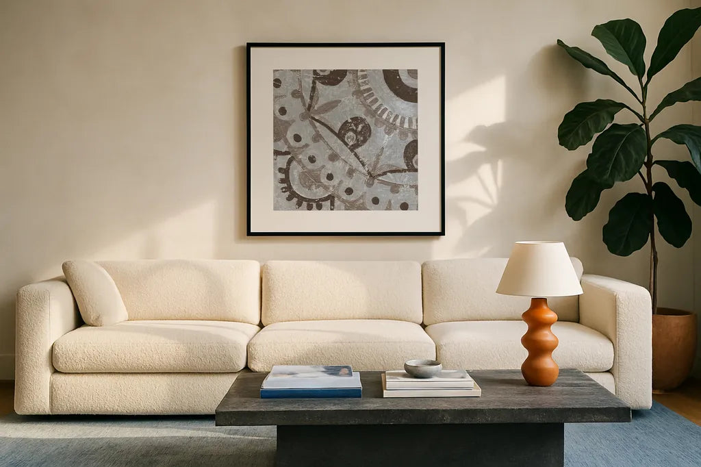 Silver Lakai Circle VI Square IV by Kathrine Lovell. Displayed in a glass frame with matte in a clean modern living room. Available as an archival giclee rolled canvas, fine art paper, or poster print. SKU 28010a.