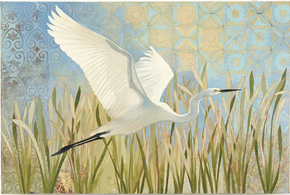 Snowy Egret in Flight by Kathrine Lovell. SKU 29660i. Archival Giclee Fine art print for wall decor.