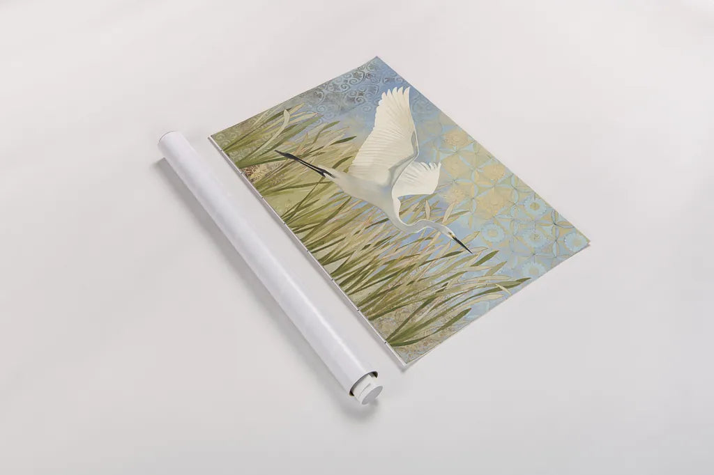 Snowy Egret in Flight by Kathrine Lovell. shown as a rolled paper print. Available as archival giclee rolled canvas, fine art paper, or poster print. SKU 29660i.