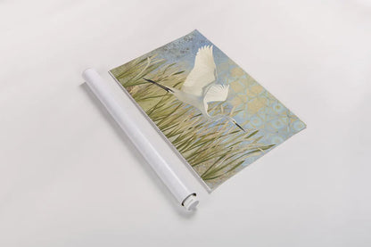 Snowy Egret in Flight by Kathrine Lovell. shown as a rolled paper print. Available as archival giclee rolled canvas, fine art paper, or poster print. SKU 29660i.