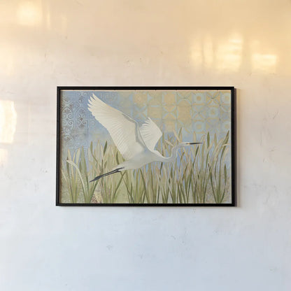 Snowy Egret in Flight by Kathrine Lovell. shown as a paper print in a black flame. Available as a archival giclee rolled canvas, fine art paper, or poster print. SKU 29660i.