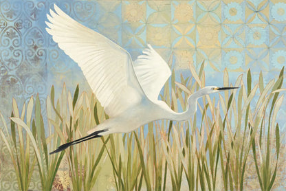 Snowy Egret in Flight v2 by Kathrine Lovell. SKU 42466i. Archival Giclee Fine art print for wall decor.