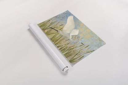 Snowy Egret in Flight v2 by Kathrine Lovell. shown as a rolled paper print. Available as archival giclee rolled canvas, fine art paper, or poster print. SKU 42466i.