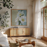 Soft Evening I by Kathrine Lovell. Shown in a natural wood frame in a cozy modern living room. Available as an archival giclee rolled canvas, fine art paper, or poster print. SKU 24435a.