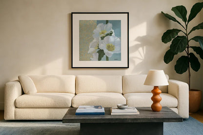 Soft Evening I by Kathrine Lovell. Displayed in a glass frame with matte in a clean modern living room. Available as an archival giclee rolled canvas, fine art paper, or poster print. SKU 24435a.
