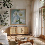 Soft Evening II by Kathrine Lovell. Shown in a natural wood frame in a cozy modern living room. Available as an archival giclee rolled canvas, fine art paper, or poster print. SKU 24436a.
