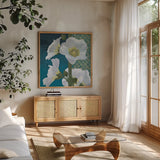 Soft Evening II indigo by Kathrine Lovell. Shown in a natural wood frame in a cozy modern living room. Available as an archival giclee rolled canvas, fine art paper, or poster print. SKU 24522a.