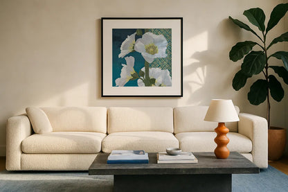 Soft Evening II indigo by Kathrine Lovell. Displayed in a glass frame with matte in a clean modern living room. Available as an archival giclee rolled canvas, fine art paper, or poster print. SKU 24522a.