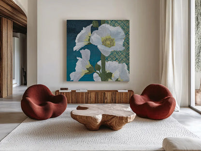 Soft Evening II indigo by Kathrine Lovell. Shown as extra-large giant wall art in a modern living room. Available as an archival giclee rolled canvas, fine art paper, or poster print. SKU 24522a.