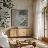 Soft Evening III by Kathrine Lovell. Shown in a natural wood frame in a cozy modern living room. Available as an archival giclee rolled canvas, fine art paper, or poster print. SKU 24437a.