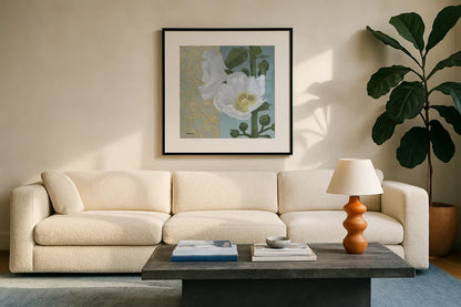 Soft Evening III by Kathrine Lovell. Displayed in a glass frame with matte in a clean modern living room. Available as an archival giclee rolled canvas, fine art paper, or poster print. SKU 24437a.
