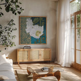 Soft Evening III indigo by Kathrine Lovell. Shown in a natural wood frame in a cozy modern living room. Available as an archival giclee rolled canvas, fine art paper, or poster print. SKU 24523a.