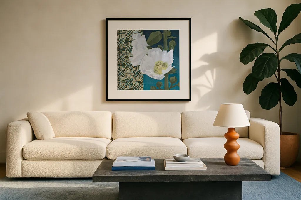 Soft Evening III indigo by Kathrine Lovell. Displayed in a glass frame with matte in a clean modern living room. Available as an archival giclee rolled canvas, fine art paper, or poster print. SKU 24523a.
