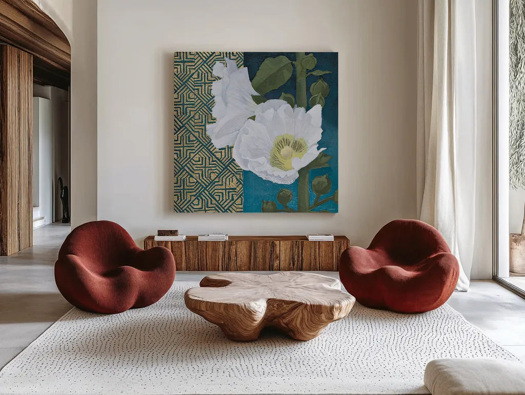 Soft Evening III indigo by Kathrine Lovell. Shown as extra-large giant wall art in a modern living room. Available as an archival giclee rolled canvas, fine art paper, or poster print. SKU 24523a.