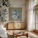 Soft Evening IV by Kathrine Lovell. Shown in a natural wood frame in a cozy modern living room. Available as an archival giclee rolled canvas, fine art paper, or poster print. SKU 24438a.
