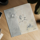 Sparrows Alighting by Kathrine Lovell. Shown as a detailed flat fine art print, highlighting archival giclee quality. Available as an archival giclee rolled canvas, fine art paper, or poster print. SKU 43381a.