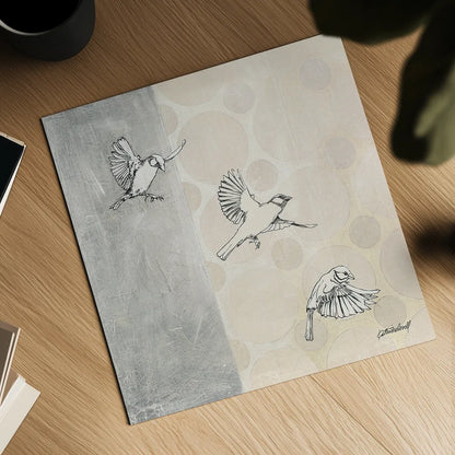 Sparrows Alighting by Kathrine Lovell. Shown as a detailed flat fine art print, highlighting archival giclee quality. Available as an archival giclee rolled canvas, fine art paper, or poster print. SKU 43381a.