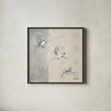 Sparrows Alighting by Kathrine Lovell. Shown in a sleek black glass frame for a contemporary gallery look. Available as an archival giclee rolled canvas, fine art paper, or poster print. SKU 43381a.