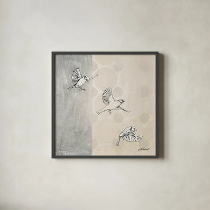 Sparrows Alighting by Kathrine Lovell. Shown in a sleek black glass frame for a contemporary gallery look. Available as an archival giclee rolled canvas, fine art paper, or poster print. SKU 43381a.