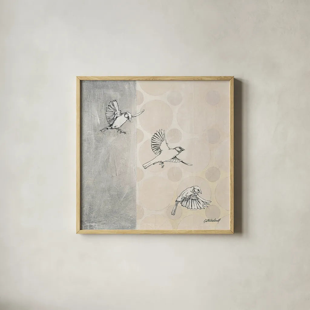 Sparrows Alighting by Kathrine Lovell. Shown in a natural wood glass frame for a timeless modern aesthetic. Available as an archival giclee rolled canvas, fine art paper, or poster print. SKU 43381a.