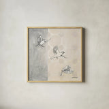 Sparrows Alighting by Kathrine Lovell. Shown in a natural wood glass frame for a timeless modern aesthetic. Available as an archival giclee rolled canvas, fine art paper, or poster print. SKU 43381a.