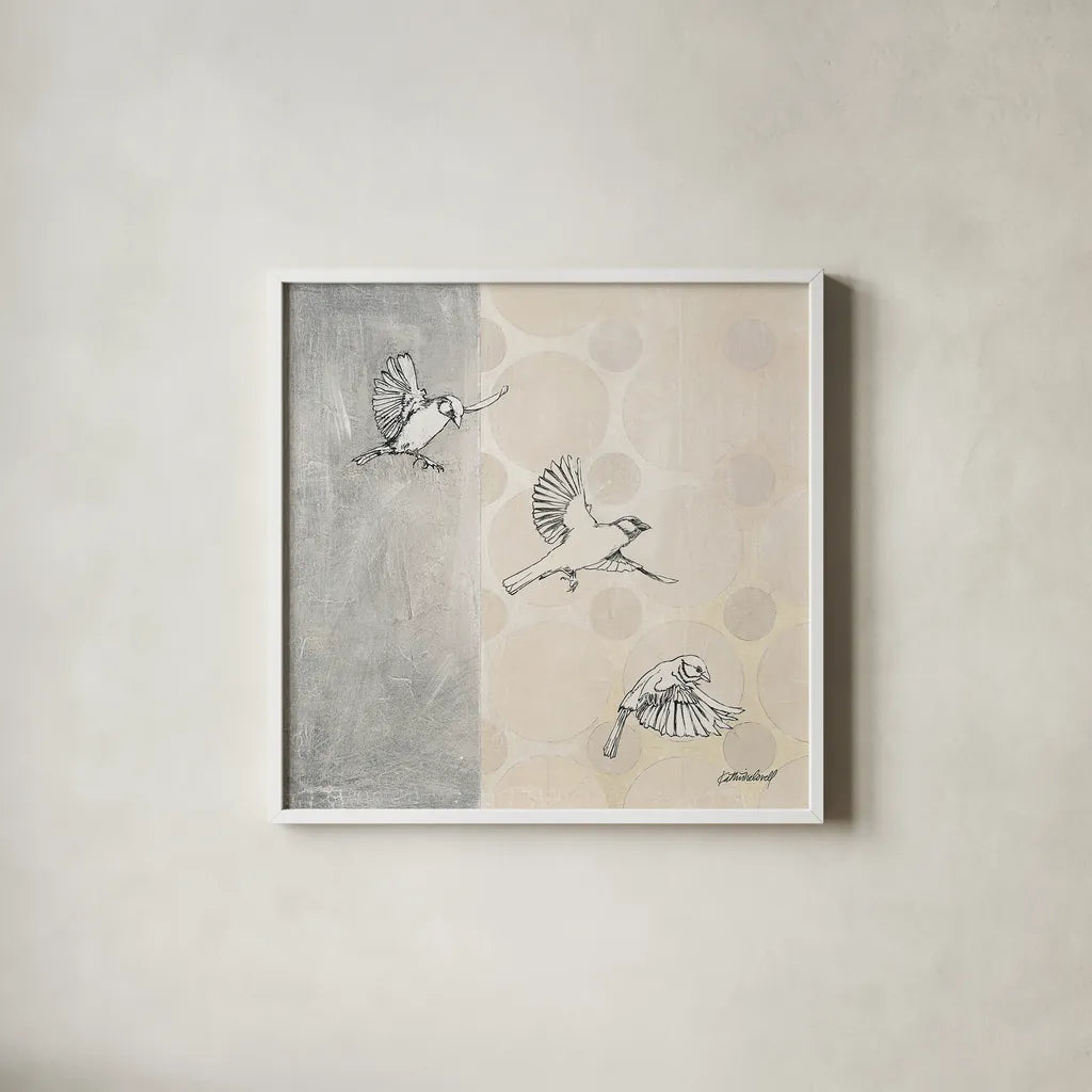 Sparrows Alighting by Kathrine Lovell. Shown in a crisp white glass frame for a clean and minimalist style. Available as an archival giclee rolled canvas, fine art paper, or poster print. SKU 43381a.