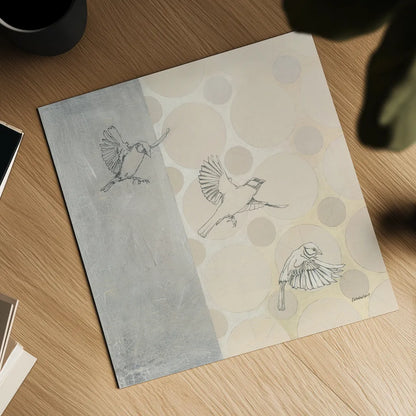 Sparrows Alighting by Kathrine Lovell. Shown as a detailed flat fine art print, highlighting archival giclee quality. Available as an archival giclee rolled canvas, fine art paper, or poster print. SKU 92713a.