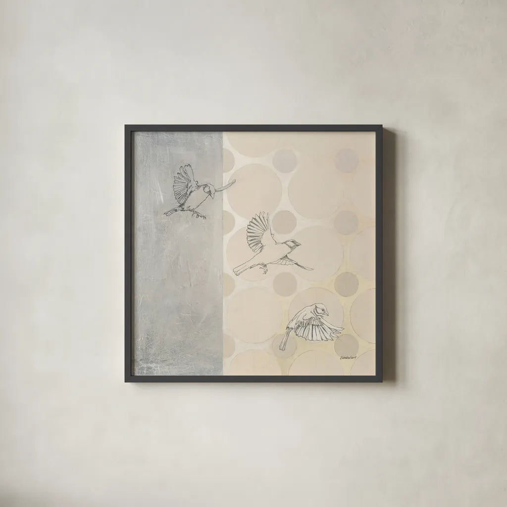 Sparrows Alighting by Kathrine Lovell. Shown in a sleek black glass frame for a contemporary gallery look. Available as an archival giclee rolled canvas, fine art paper, or poster print. SKU 92713a.