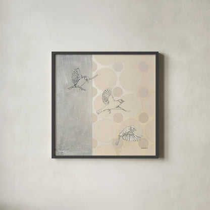 Sparrows Alighting by Kathrine Lovell. Shown in a sleek black glass frame for a contemporary gallery look. Available as an archival giclee rolled canvas, fine art paper, or poster print. SKU 92713a.