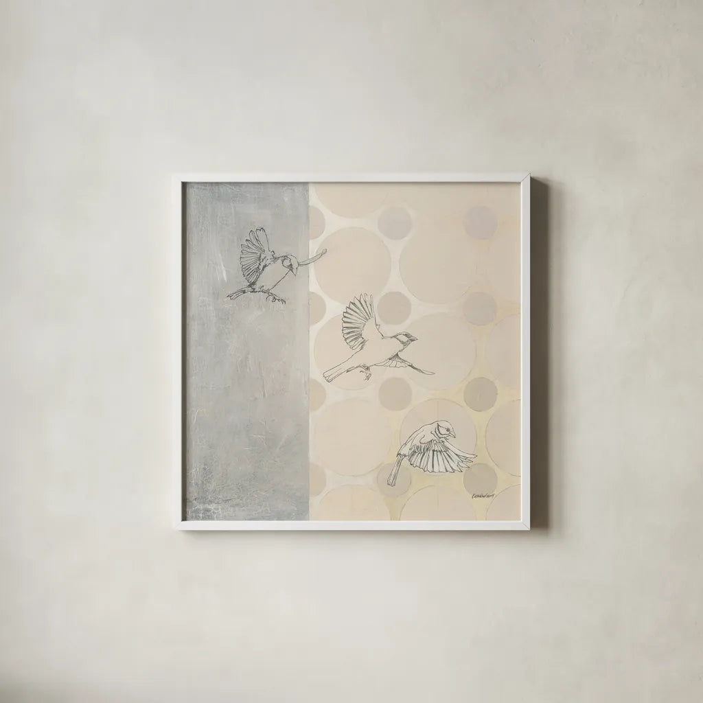 Sparrows Alighting by Kathrine Lovell. Shown in a crisp white glass frame for a clean and minimalist style. Available as an archival giclee rolled canvas, fine art paper, or poster print. SKU 92713a.