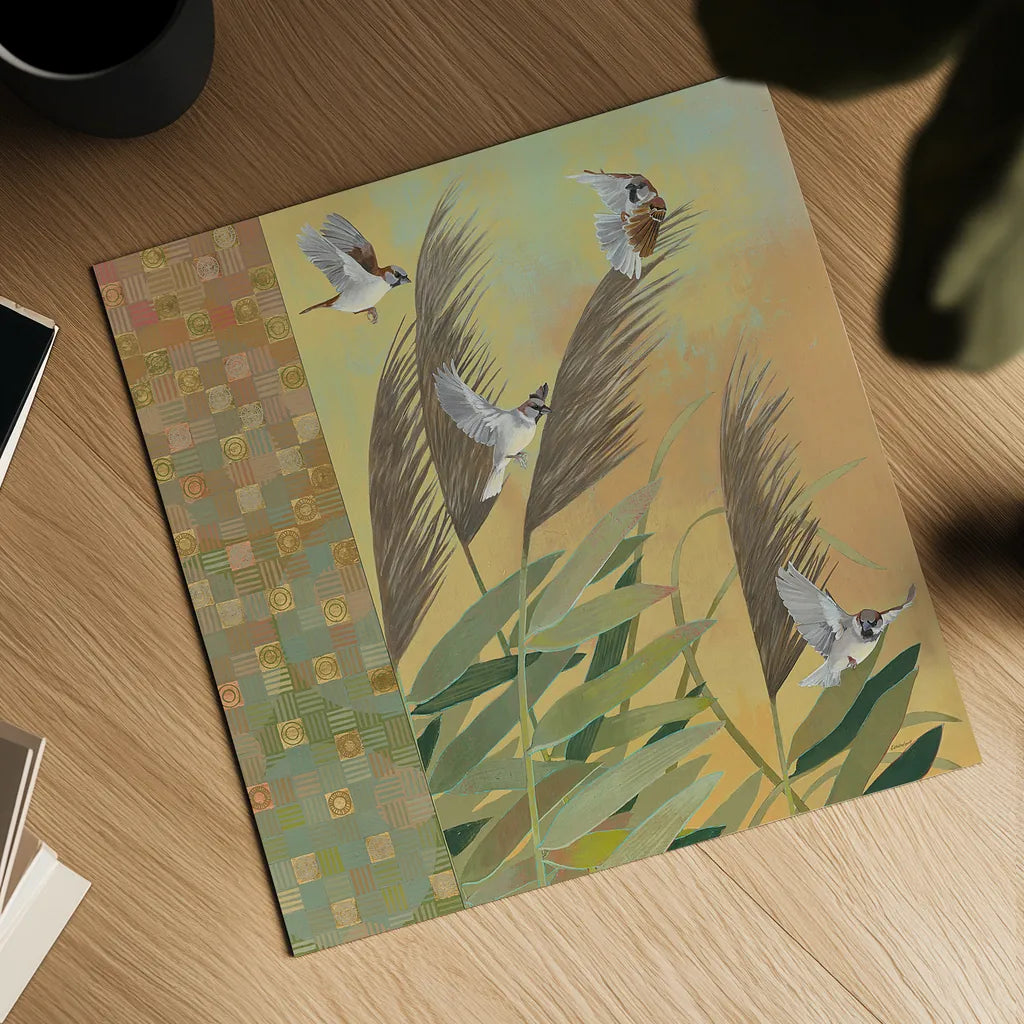 Sparrows and Phragmates August Evening by Kathrine Lovell. Shown as a detailed flat fine art print, highlighting archival giclee quality. Available as an archival giclee rolled canvas, fine art paper, or poster print. SKU 24542a.