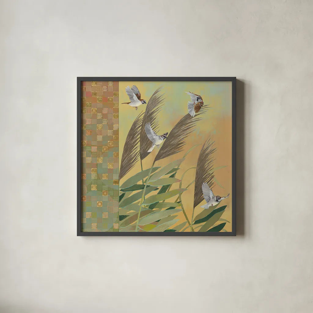 Sparrows and Phragmates August Evening by Kathrine Lovell. Shown in a sleek black glass frame for a contemporary gallery look. Available as an archival giclee rolled canvas, fine art paper, or poster print. SKU 24542a.