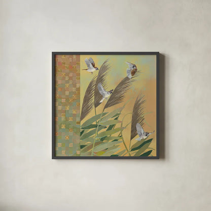 Sparrows and Phragmates August Evening by Kathrine Lovell. Shown in a sleek black glass frame for a contemporary gallery look. Available as an archival giclee rolled canvas, fine art paper, or poster print. SKU 24542a.