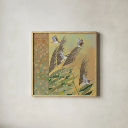 Sparrows and Phragmates August Evening by Kathrine Lovell. Shown in a natural wood glass frame for a timeless modern aesthetic. Available as an archival giclee rolled canvas, fine art paper, or poster print. SKU 24542a.
